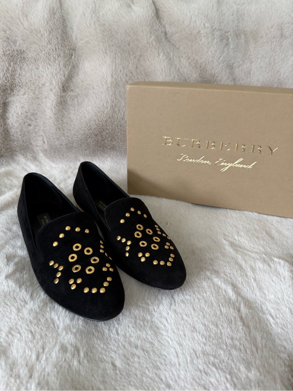 Burberry Black Suede Loafers with Gold Stud Embellishments